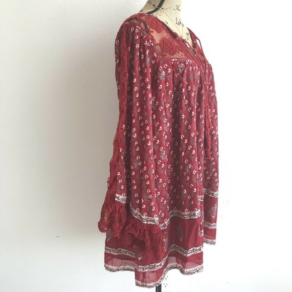 Free People Red Floral Peasant Tunic Dress Lace M - Picture 6 of 11